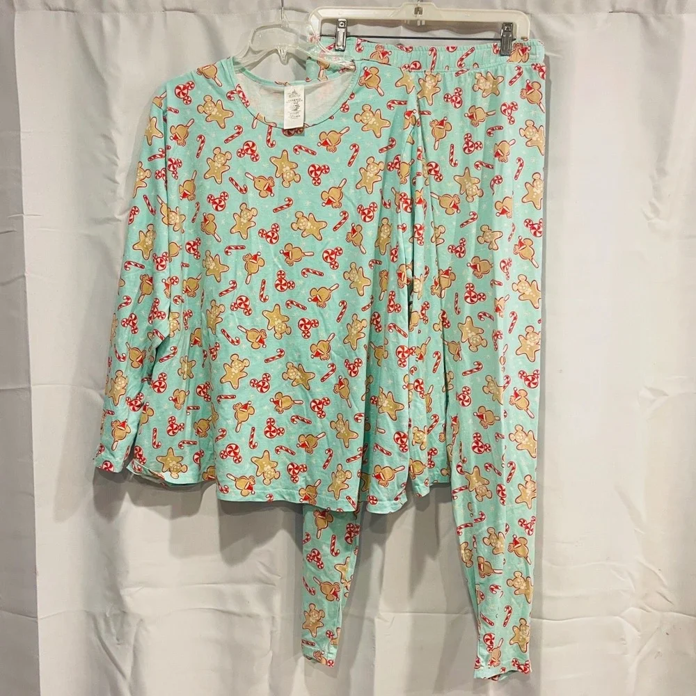 Disney Christmas Pajama Set 3X Gingerbread Mickey Candy Cane Aqua Blue Sleepwear